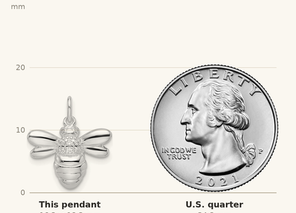 Classique True Size: Sterling Silver Rhodium-plated Polished CZ Bumble Bee Pendant shown next to a US quarter (24.3 mm)