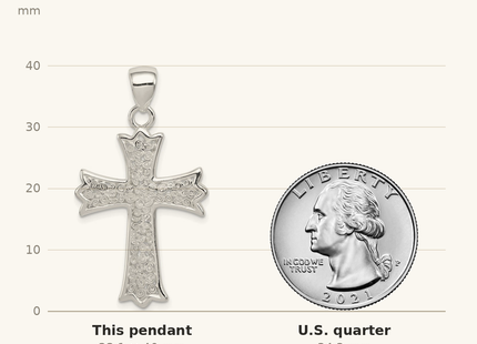 Classique True Size: Sterling Silver Rhodium-plated Polished Filigree Cross Pendant shown next to a US quarter (24.3 mm)