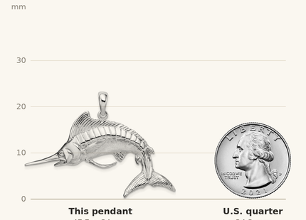 Classique True Size: De-Ani Sterling Silver Rhodium-Plated Polished and Satin 3D White Marlin Pendant shown next to a US quarter (24.3 mm)