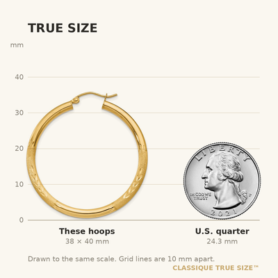 14K Satin and Diamond-cut Round Hoop Earrings, 40 x 3mm