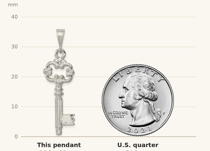 Classique True Size: Sterling Silver Polished & Textured Key Pendant shown next to a US quarter (24.3 mm)