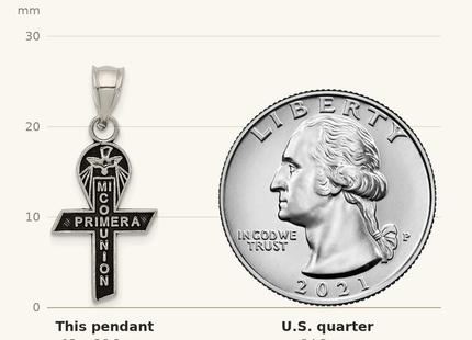 Classique True Size: Sterling Silver Antiqued Mi Primera Communion Mini Ribbon Pendant shown next to a US quarter (24.3 mm)