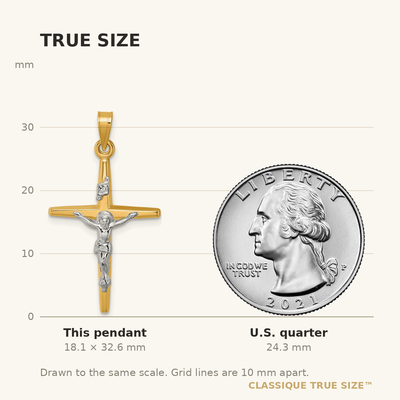 14K with White Rhodium Polished Inri Crucifix Cross Pendant, 32.6 x 17.6mm