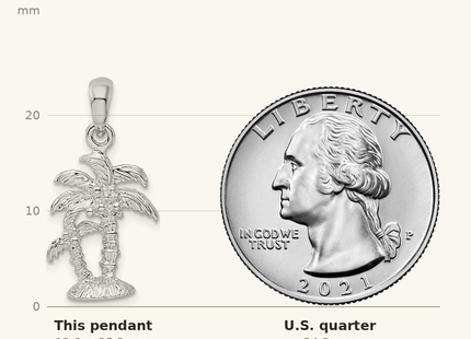 Classique True Size: De-Ani Sterling Silver Rhodium-Plated Polished and Textured 3D Two Palm Trees Pendant shown next to a US quarter (24.3 mm)