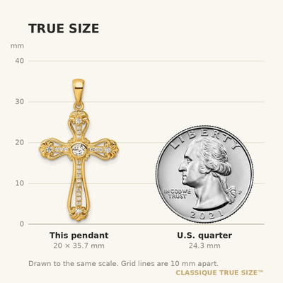 Sterling Silver Gold-plated CZ Cross Pendant, 35.7 x 20mm