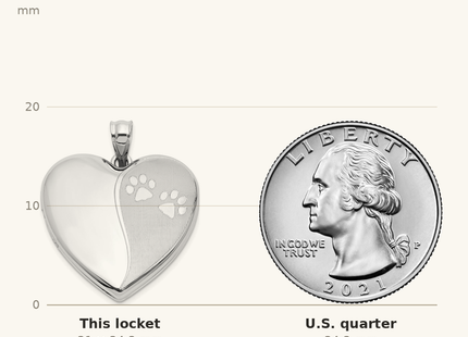 Classique True Size: Sterling Silver Rhodium-plated Polished Paw Print Heart Locket shown next to a US quarter (24.3 mm)