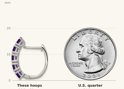 Classique True Size: Sterling Silver Rhodium-plated Polished Amethyst Hinged Hoop Earrings shown next to a US quarter (24.3 mm)