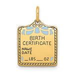 14K Enameled Blue Engravable Birth Certificate Charm, 20 x 13mm view