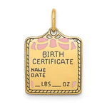 14K Enameled Pink Engravable Birth Certificate Charm, 20 x 13mm view