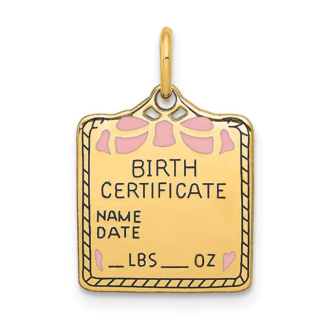 14k Enameled Pink Engravable Birth Certificate Charm, 20 x 13mm