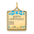 14K Enameled Blue Engravable Birth Certificate Charm, 25 x 18mm