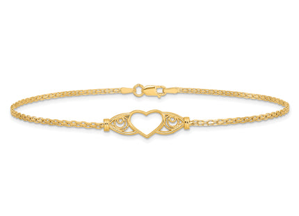 14k Polished Open Heart with Filigree and Bismark Chain Anklet