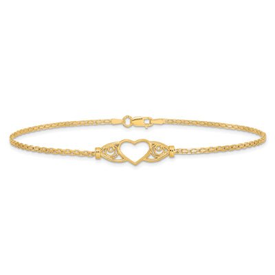 14K Polished Open Heart with Filigree and Bismark Chain Anklet