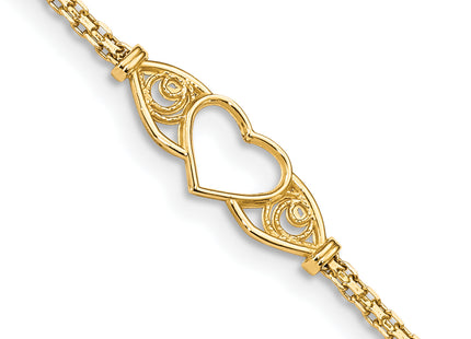 14k Polished Open Heart with Filigree and Bismark Chain Anklet