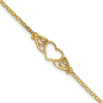 14K Polished Open Heart with Filigree and Bismark Chain Anklet