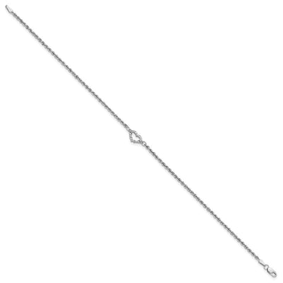 14K White Gold Diamond-cut Open Heart and Rope Chain Anklet
