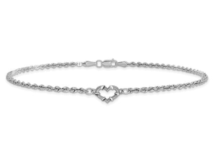 14K white gold rope link heart anklet, another view
