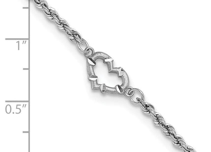 14k White Gold Diamond-cut Open Heart and Rope Chain Anklet (Style ANK153-10)