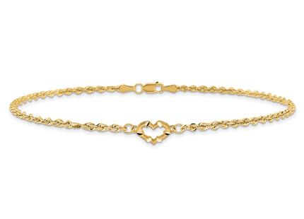 14k Diamond-cut Open Heart and Rope Chain Anklet