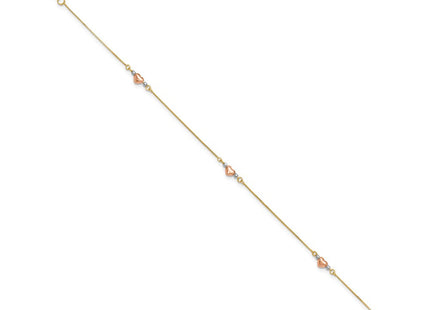 14k Tri-Color Puffed Hearts and Beads Anklet Plus Heart Dangle Extender (Style ANK161-9)