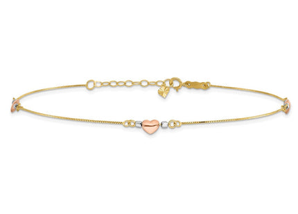 14k Tri-Color Puffed Hearts and Beads Anklet Plus Heart Dangle Extender (Style ANK161-9)