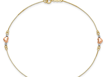 14k Tri-Color Puffed Hearts and Beads Anklet Plus Heart Dangle Extender (Style ANK161-9)