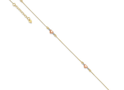 14k Tri-Color Puffed Hearts and Beads Anklet Plus Heart Dangle Extender (Style ANK161-9)