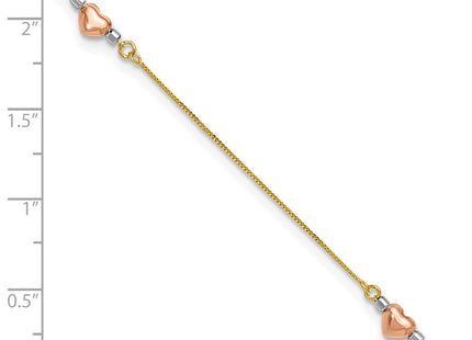 14k Tri-Color Puffed Hearts and Beads Anklet Plus Heart Dangle Extender (Style ANK161-9)