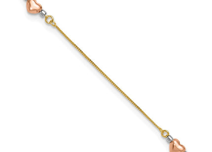 14k Tri-Color Puffed Hearts and Beads Anklet Plus Heart Dangle Extender (Style ANK161-9)