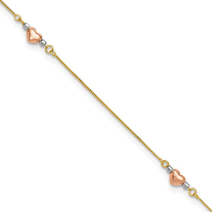 14k Tri-Color Puffed Hearts and Beads Anklet Plus Heart Dangle Extender (Style ANK161-9)