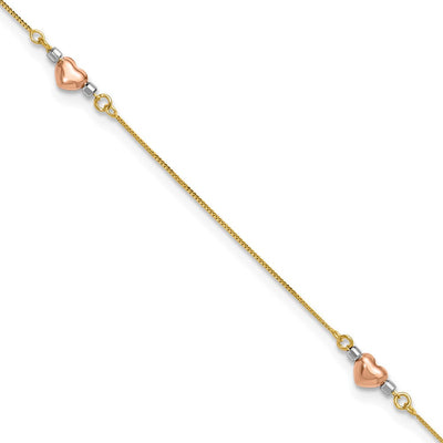 14K Tri-Color Puffed Hearts and Beads Anklet Plus Heart Dangle Extender