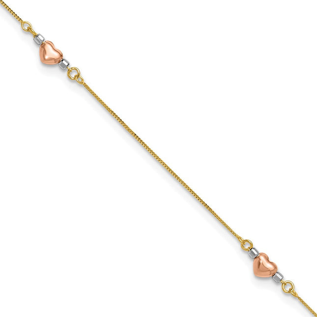 14k Tri-Color Puffed Hearts and Beads Anklet Plus Heart Dangle Extender