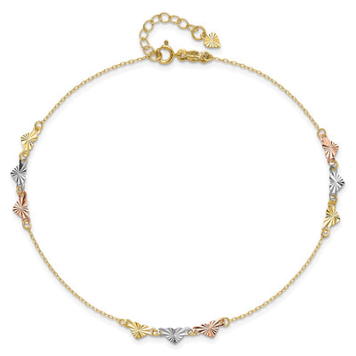 14K Tri-Color Diamond-cut Hearts Anklet Plus Heart Dangle Extender