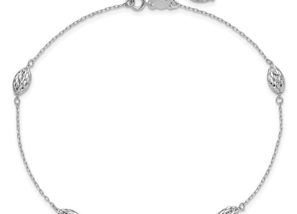 14k White Gold Polished Cable Chain and Diamond-cut Rice Puff Beads 4-Station Anklet Plus Extender (Style ANK181-9)