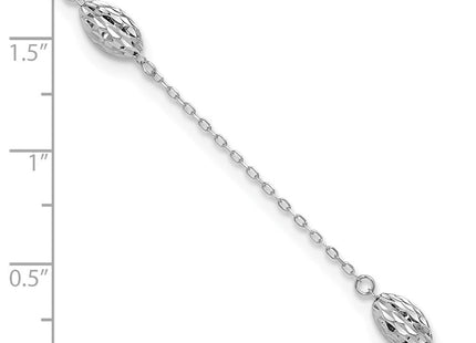 14k White Gold Polished Cable Chain and Diamond-cut Rice Puff Beads 4-Station Anklet Plus Extender (Style ANK181-9)