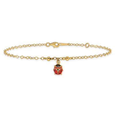 14K Red and Black Enameled Ladybug Anklet Plus Extender