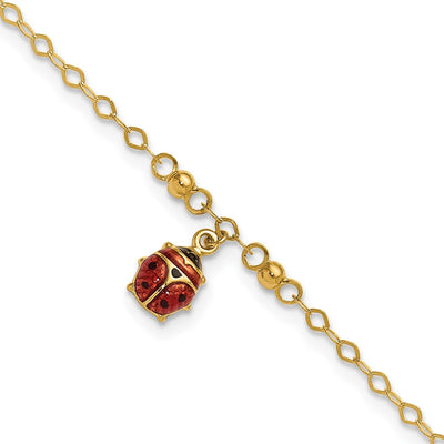 14K Red and Black Enameled Ladybug Anklet Plus Extender