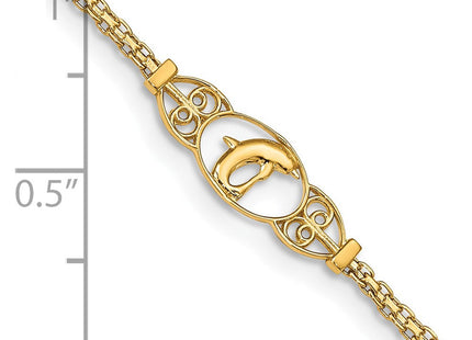 14k Polished Dolphin and Filigree Bismark Chain Anklet (Style ANK2-9)