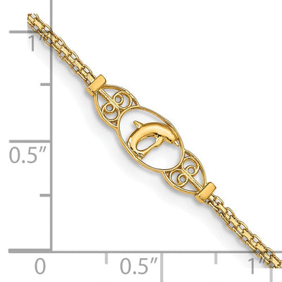 14K Polished Dolphin and Filigree Bismark Chain Anklet