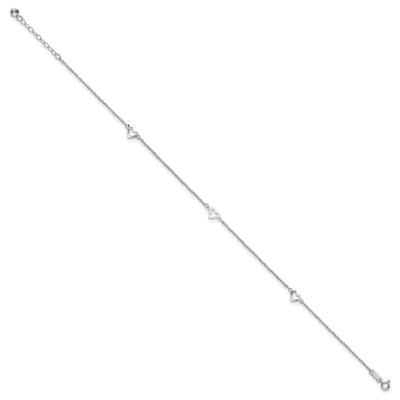 14K White Gold Diamond-cut Hearts 3-Station Anklet Plus Heart Dangle Extender