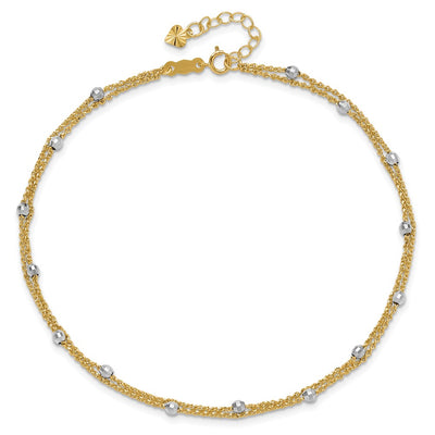 14K Two-tone 2-Strand Spiga Chain with Mirror Beads Anklet Plus Heart Dangle Extender