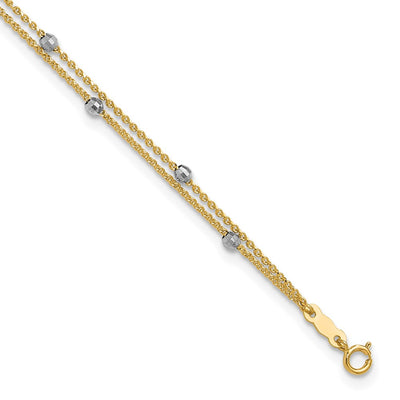 14K Two-tone 2-Strand Spiga Chain with Mirror Beads Anklet Plus Heart Dangle Extender
