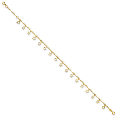 14K Polished and Textured Dangle Stars Anklet Plus Star Dangle Extender