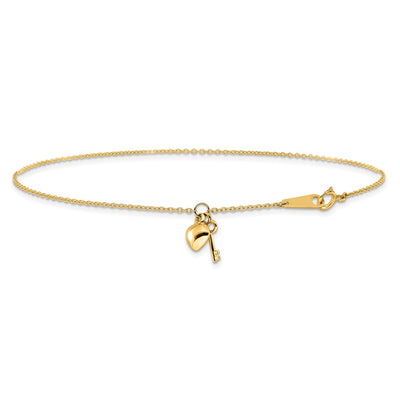 14K Oval Link Chain with Puffed Heart and Key Dangle Anklet Plus Extender