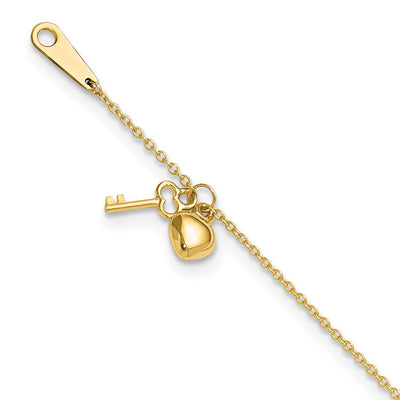 14K Oval Link Chain with Puffed Heart and Key Dangle Anklet Plus Extender