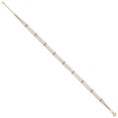 14K Tri-color 3-Strand Diamond-cut Beaded 9-Station Anklet Plus Extender