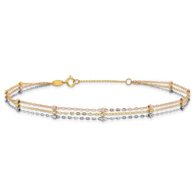 14K Tri-color 3-Strand Diamond-cut Beaded 9-Station Anklet Plus Extender