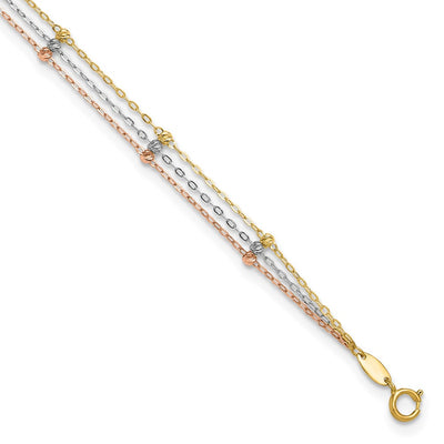 14K Tri-color 3-Strand Diamond-cut Beaded 9-Station Anklet Plus Extender