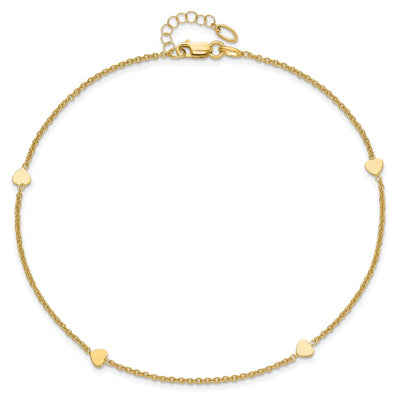 14K Polished Hearts 4-Station Anklet Plus Extender