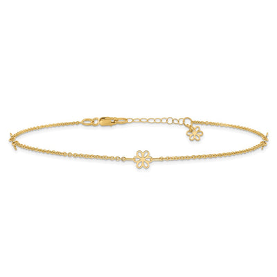14K Polished Flowers 3-Station with Flower Dangle Anklet Plus Extender